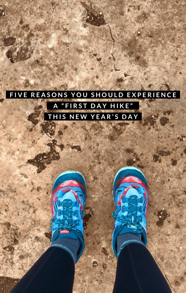 Image of woman's hiking shoes on rock ledge